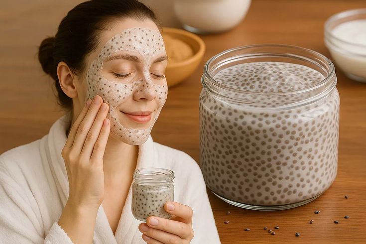 Homemade anti-aging face mask with chia seeds, milk, rice flour and aloe vera – easy natural remedy for wrinkles, dark circles and loose skin.