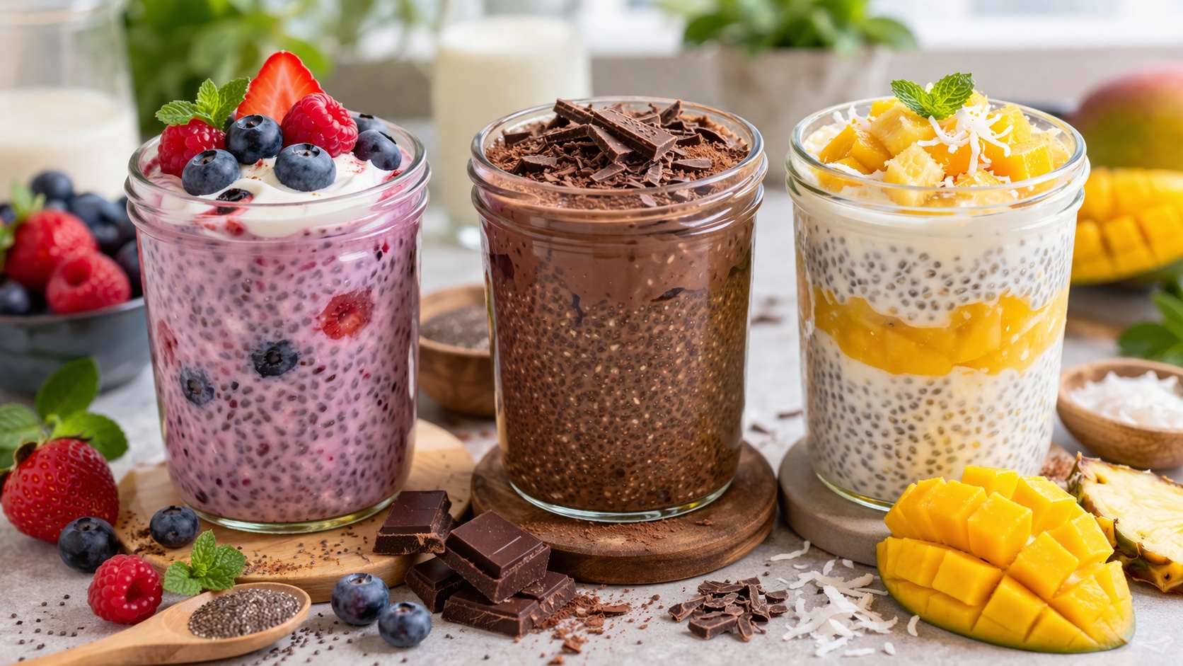 Healthy chia seeds pudding recipes – berry, chocolate and mango-pineapple flavors, perfect low-sugar summer desserts rich in fiber and protein.